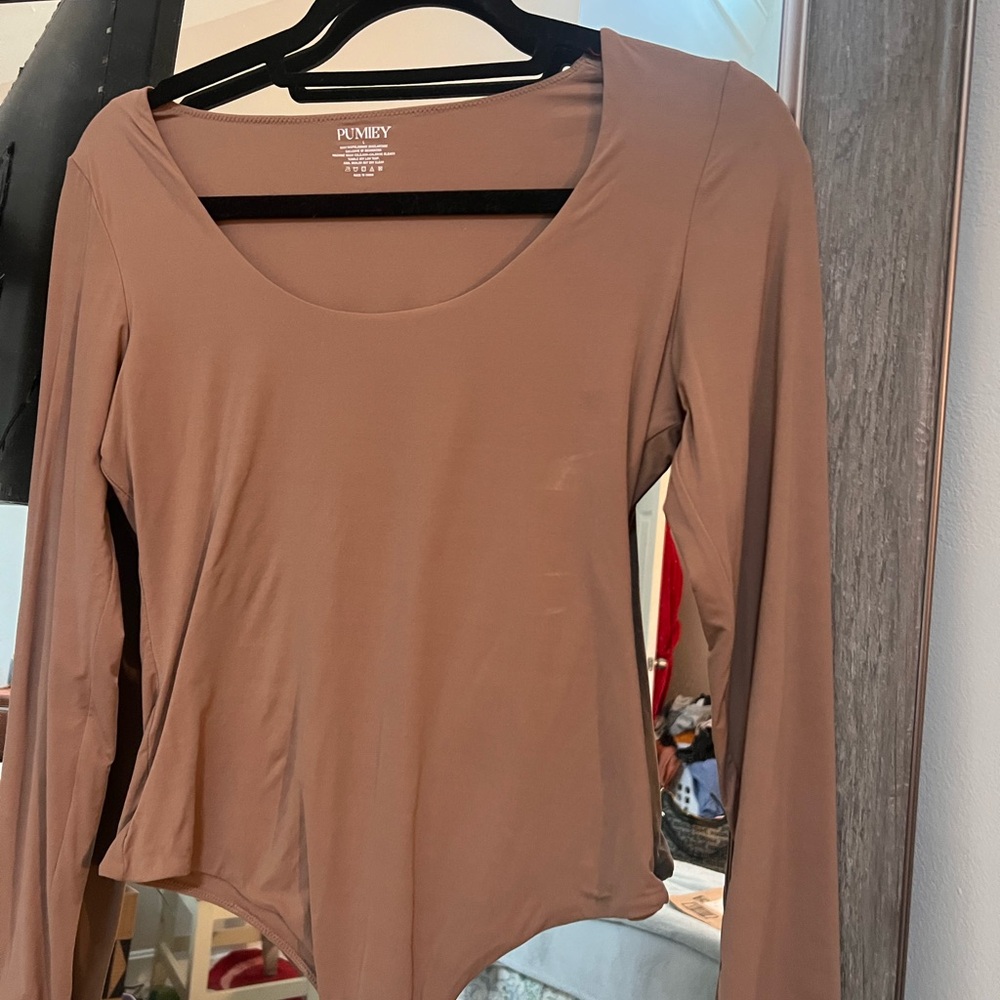 Pumiey Women's Tan Long Sleeve Bodysuit